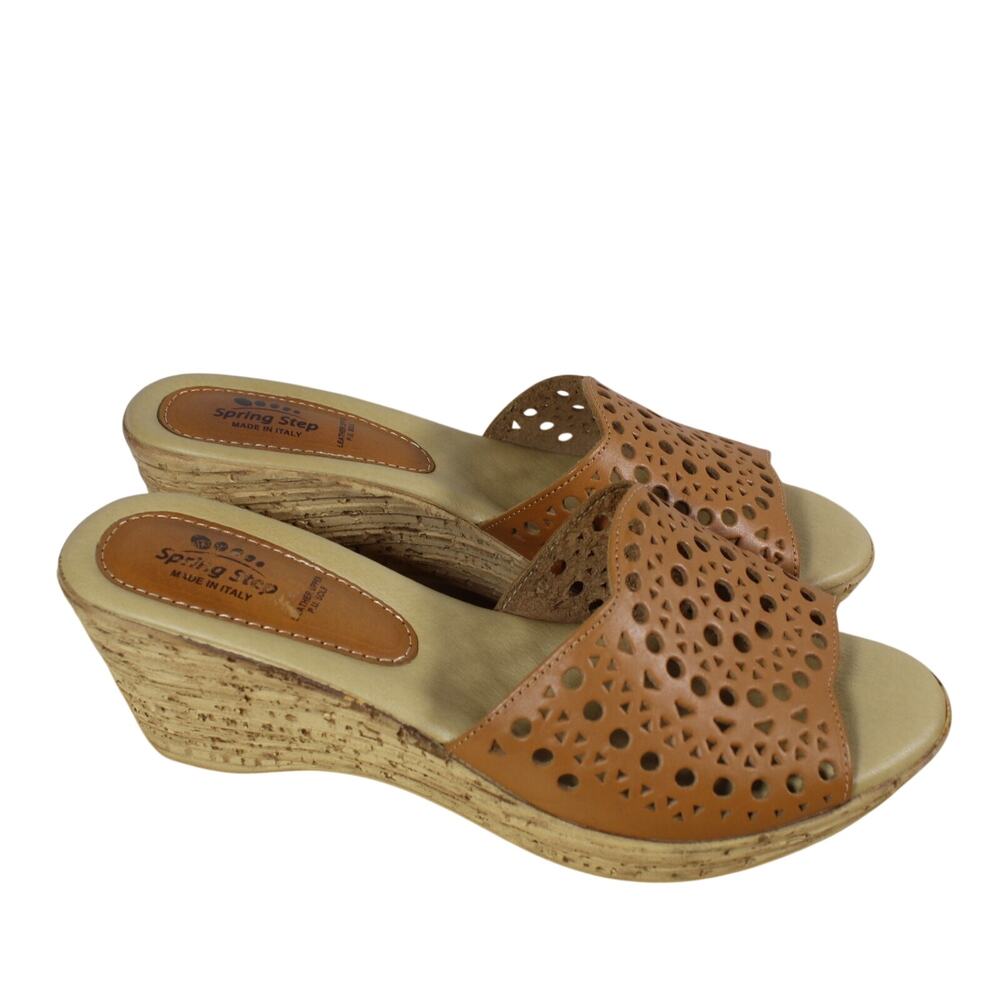 Spring Step Womens 9.5 Leather Sandals Brown Wedge Summer Italy Resort Travel